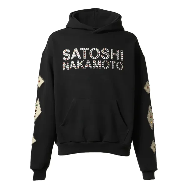 Black Satoshi Nakamoto Leather Studded Logo Hoodie