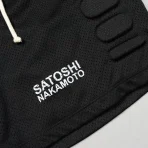 Black Satoshi Nakamoto Mesh Moto Shorts Close-Up View
