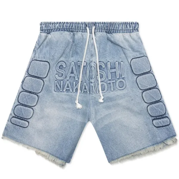 Blue Denim Satoshi Nakamoto Denim Moto Shorts