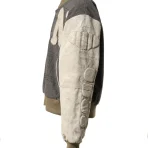 Grey/Beige Satoshi Nakamoto Varsity Moto Jacket Side View