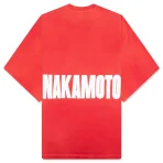 Red Satoshi Nakamoto Impact Logo T-shirt Back View