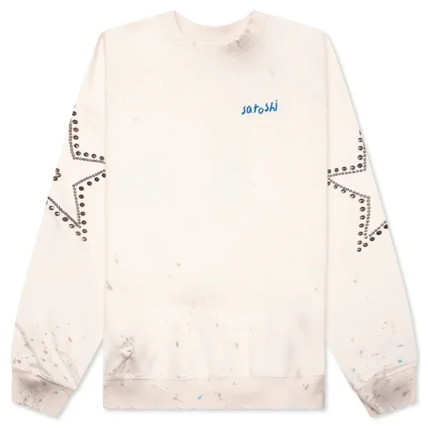 Vintage White Satoshi Nakamoto Star Studded Crewneck Sweater