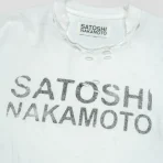 White Satoshi Nakamoto Destroyed Luke T-shirt Close-Up View