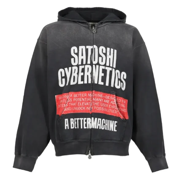 Washed Black Satoshi Nakamoto Cybernetics Zip Up Hoodie