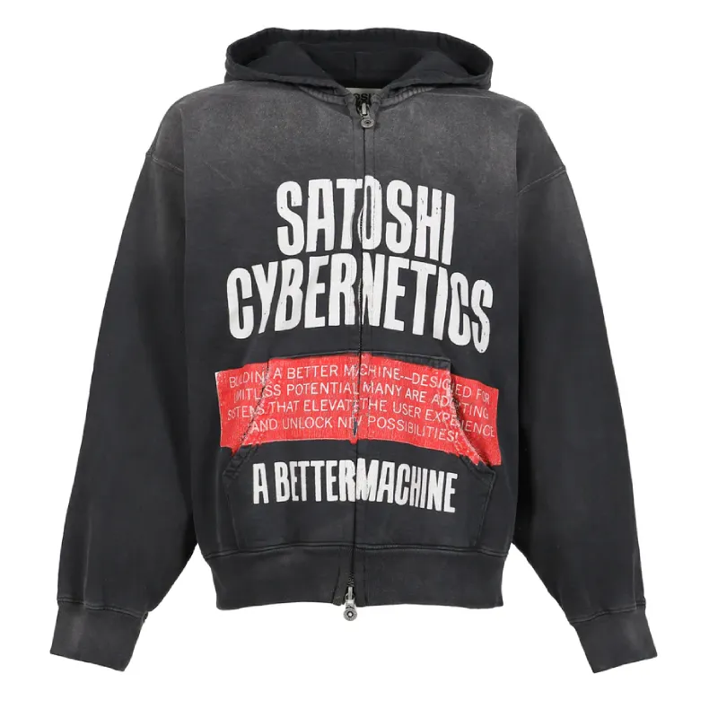 Washed Black Satoshi Nakamoto Cybernetics Zip Up Hoodie
