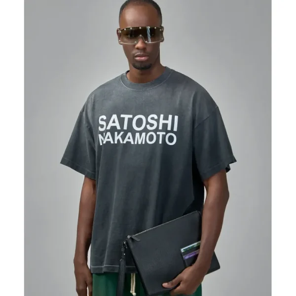 Washed Black Satoshi Nakamoto Stencil Logo Tee